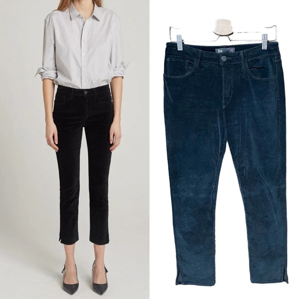 3x1 Higher Ground Jeans Pants Slim Straight Cropped Velvet Black Size 29‎